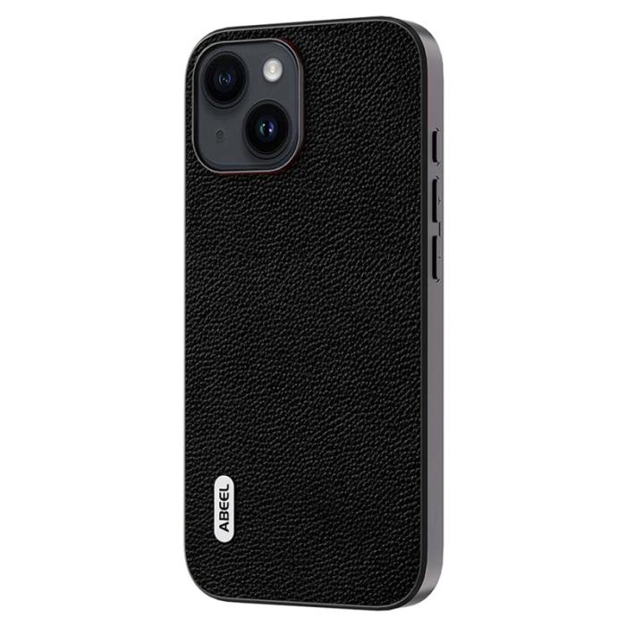 ABEEL - ABEEL iPhone 14 Plus Skal Litchi Textur Läder + PC + TPU Svart
