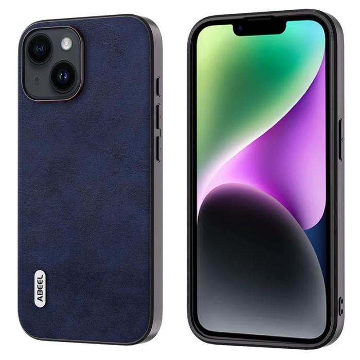 ABEEL - ABEEL iPhone 14 Plus Skal PU Läder Blå Cowhide Textur