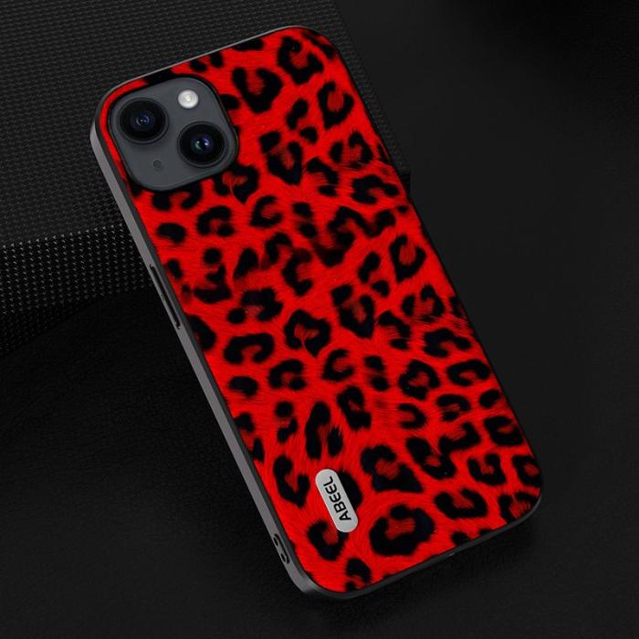 ABEEL - ABEEL iPhone 14 Plus Skal PU Läder Leopard Textur Röd