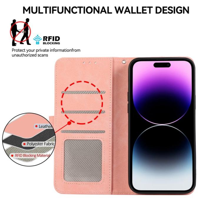 ABEEL - ABEEL iPhone 14 Pro Fodral Läder RFID Blockering Flip - Rosa