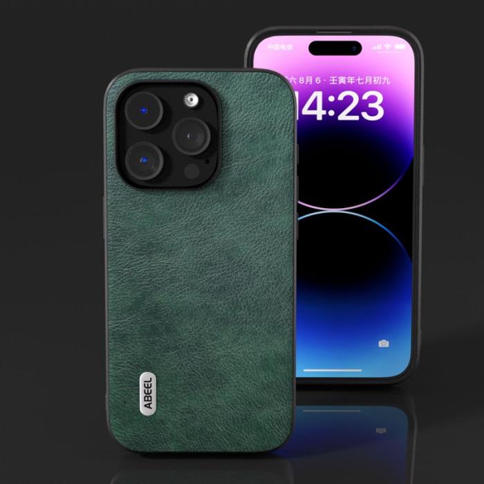 ABEEL - ABEEL iPhone 14 Pro Fodral Litchi Textur Grön PU Läder TPU