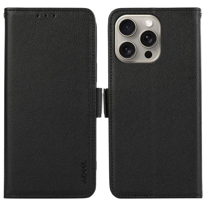 ABEEL - ABEEL iPhone 14 Pro Fodral Litchi Textur Läder RFID Skydd - Svart