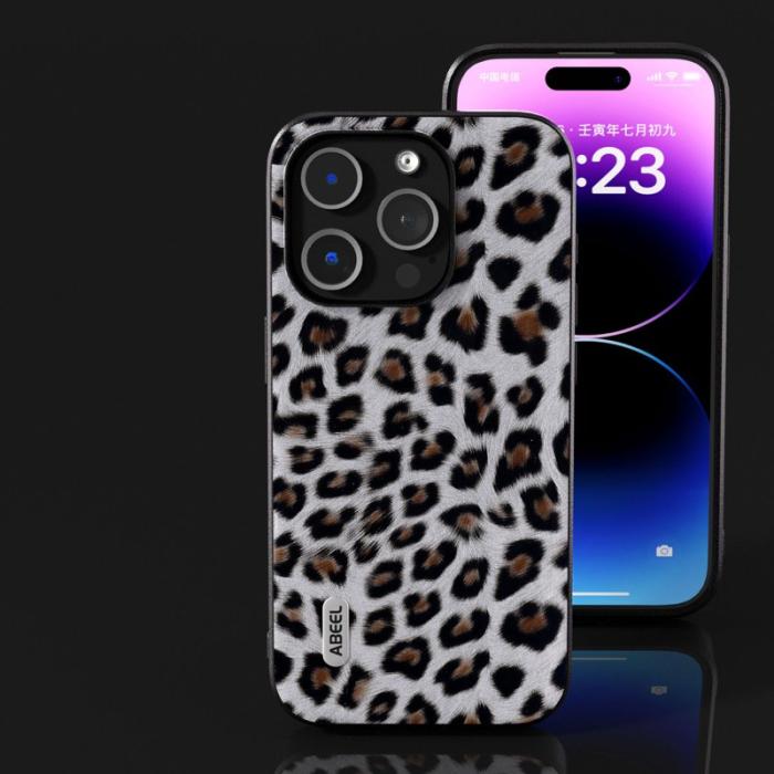 ABEEL - ABEEL iPhone 14 Pro Max Skal Leopardmönster PU Läder Silver