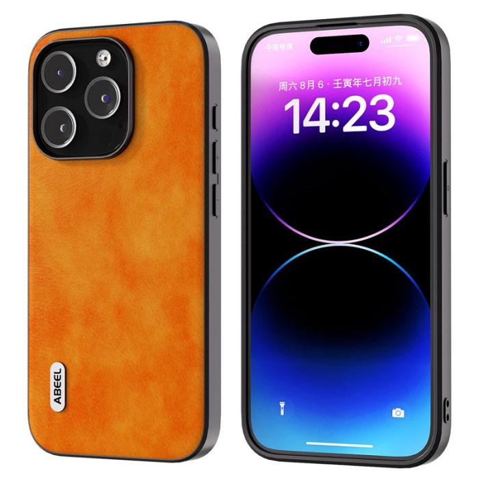 ABEEL - ABEEL iPhone 14 Pro Skal Litchi Textur Anti-scratch PU Läder Orange