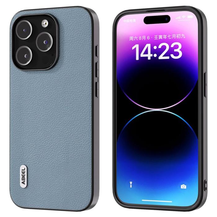 ABEEL - ABEEL iPhone 14 Pro Skal Litchi Textur Läder + PC + TPU - Baby Blue