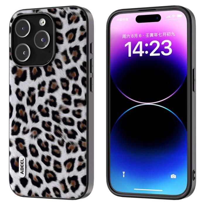 ABEEL - ABEEL iPhone 14 Pro Skal Shockproof PU Läder Leopard Silver