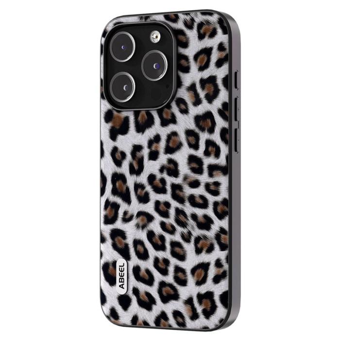 ABEEL - ABEEL iPhone 14 Pro Skal Shockproof PU Läder Leopard Silver