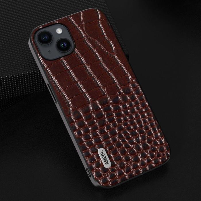 ABEEL - ABEEL iPhone 15 Fodral Anti-fall Krokodiltextur Äkta Läder - Kaffe