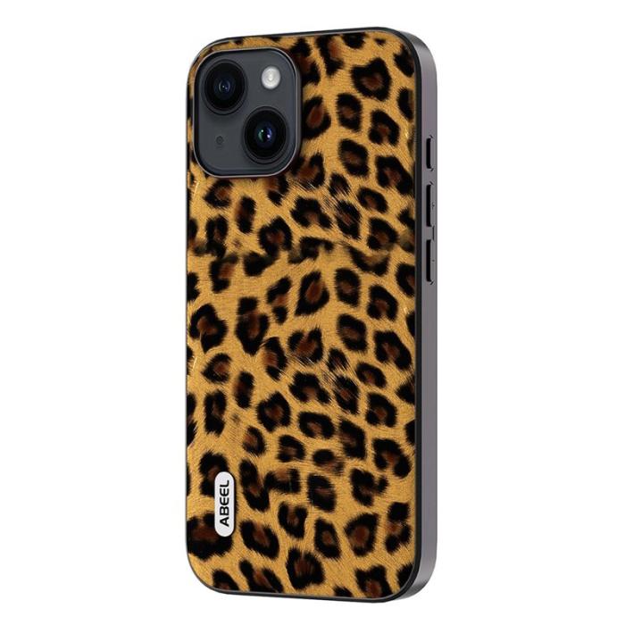 ABEEL - ABEEL iPhone 15 Fodral Leopard Textur PU Läder Guld