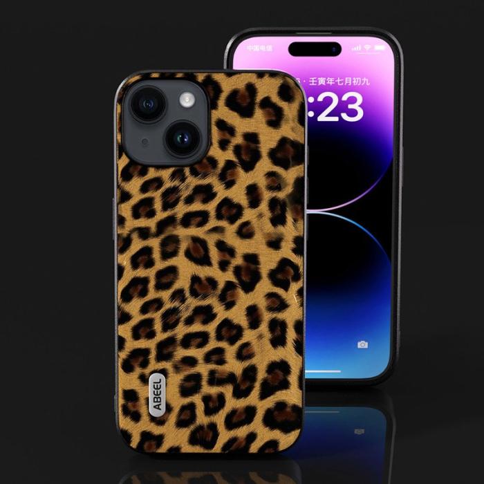 ABEEL - ABEEL iPhone 15 Fodral Leopard Textur PU Läder Guld