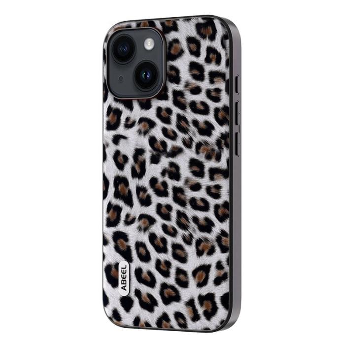 ABEEL - ABEEL iPhone 15 Fodral Leopard Textur PU Läder Silver
