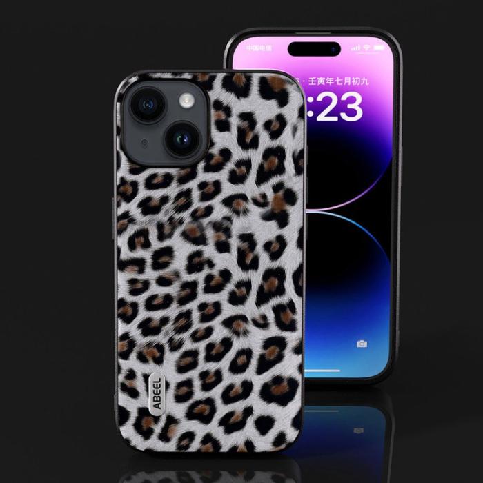 ABEEL - ABEEL iPhone 15 Fodral Leopard Textur PU Läder Silver