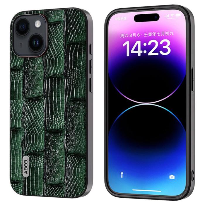ABEEL - ABEEL iPhone 15 Fodral Shockproof Mahjong Grön äkta läder