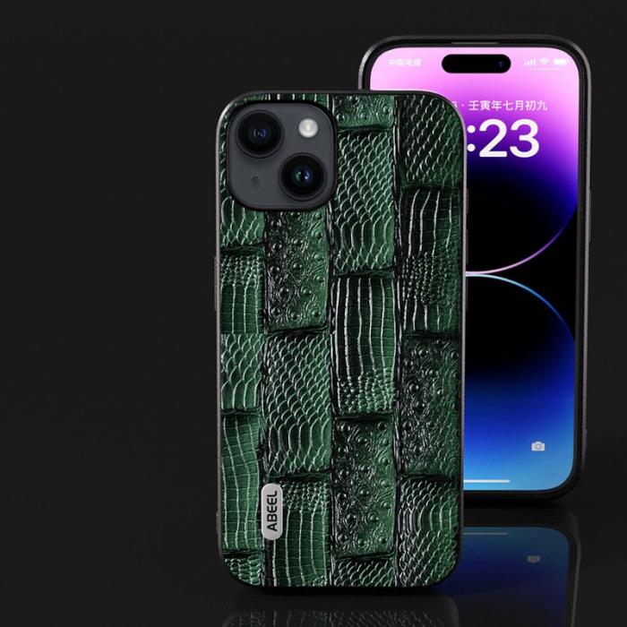 ABEEL - ABEEL iPhone 15 Fodral Shockproof Mahjong Grön äkta läder
