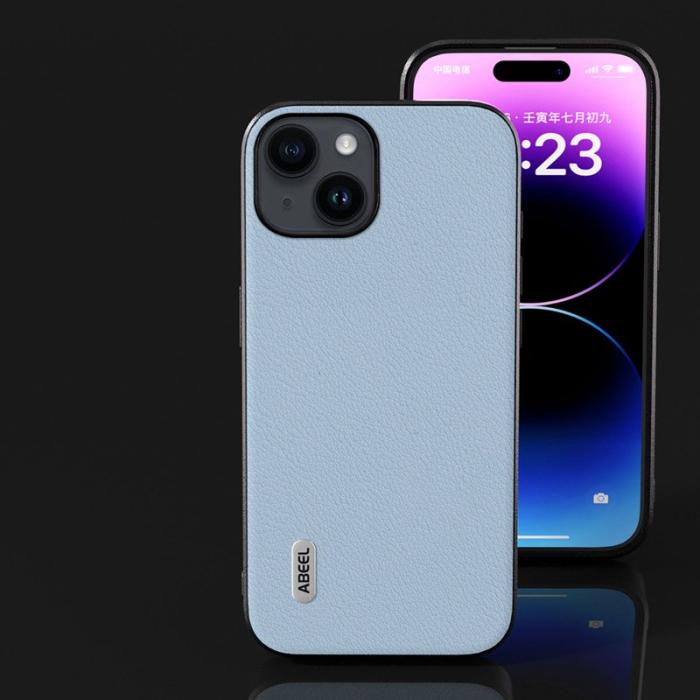 ABEEL - ABEEL iPhone 15 Fodral Stöttålig Äkta Läder PC+TPU Blå