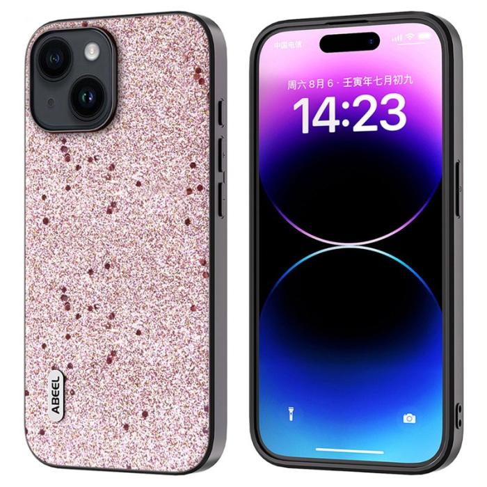 ABEEL - ABEEL iPhone 15 Glitter Skal PU Läder TPU Anti-Scratch - Rosa