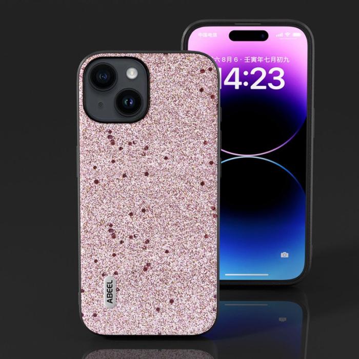 ABEEL - ABEEL iPhone 15 Glitter Skal PU Läder TPU Anti-Scratch - Rosa