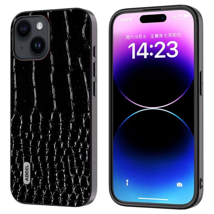ABEEL - ABEEL Mobilskal till iPhone 15 Plus Äkta Läder Krokodiltextur Svart