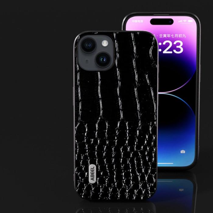 ABEEL - ABEEL Mobilskal till iPhone 15 Plus Äkta Läder Krokodiltextur Svart