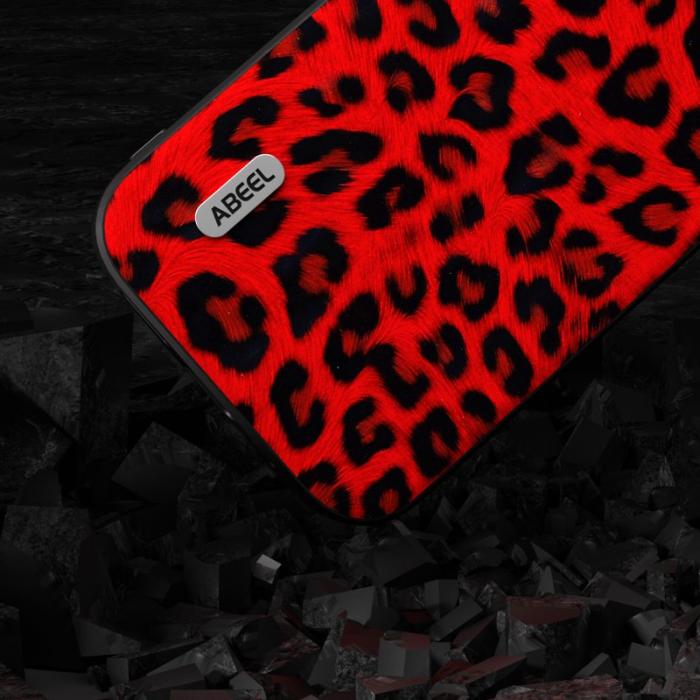 ABEEL - ABEEL iPhone 15 Plus Fodral Leopard Textur Röd KonstLäder TPU PC