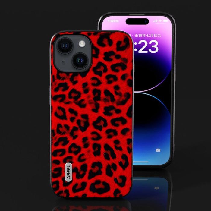 ABEEL - ABEEL iPhone 15 Plus Fodral Leopard Textur Röd KonstLäder TPU PC