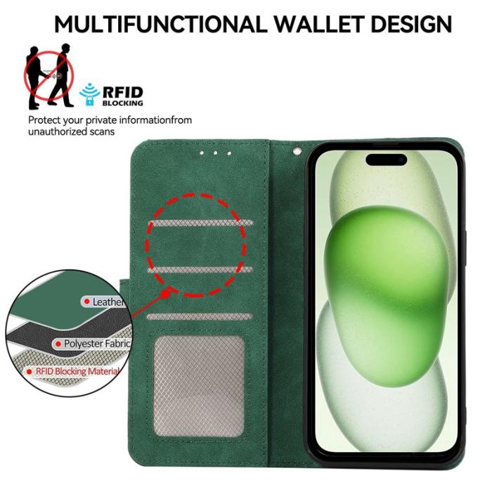 ABEEL - ABEEL iPhone 15 Plus Konstläder Plånboksfodral RFID-Skydd Grön