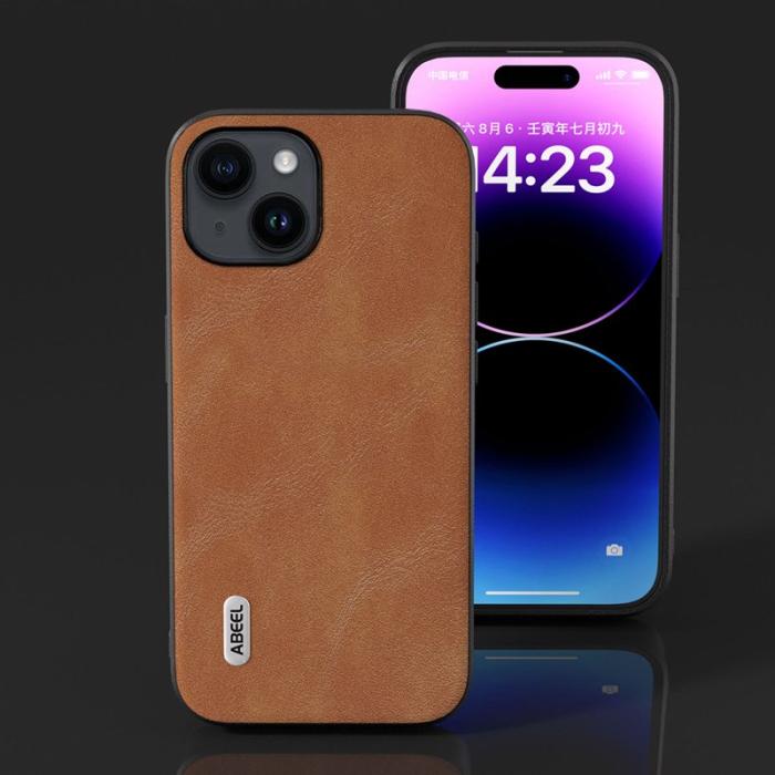 ABEEL - ABEEL iPhone 15 Plus Skal, Läderlook PU + TPU, Brun