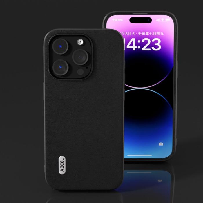 ABEEL - ABEEL iPhone 15 Pro Fodral Anti-Scratch Texturerad PU Läder Svart