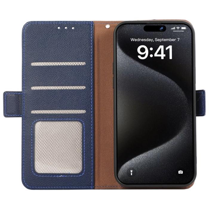 ABEEL - ABEEL iPhone 15 Pro Fodral RFID Blockering Litchi Läder Blå