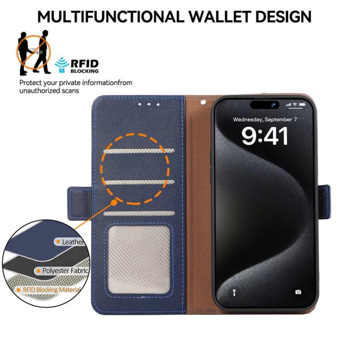 ABEEL - ABEEL iPhone 15 Pro Fodral RFID Blockering Litchi Läder Blå