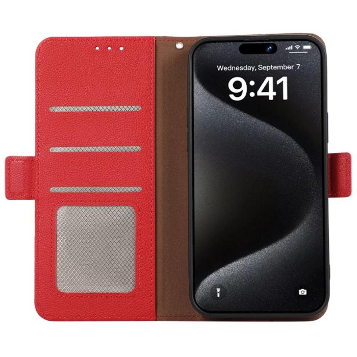 ABEEL - ABEEL iPhone 15 Pro Fodral RFID Blockering Litchi Röd