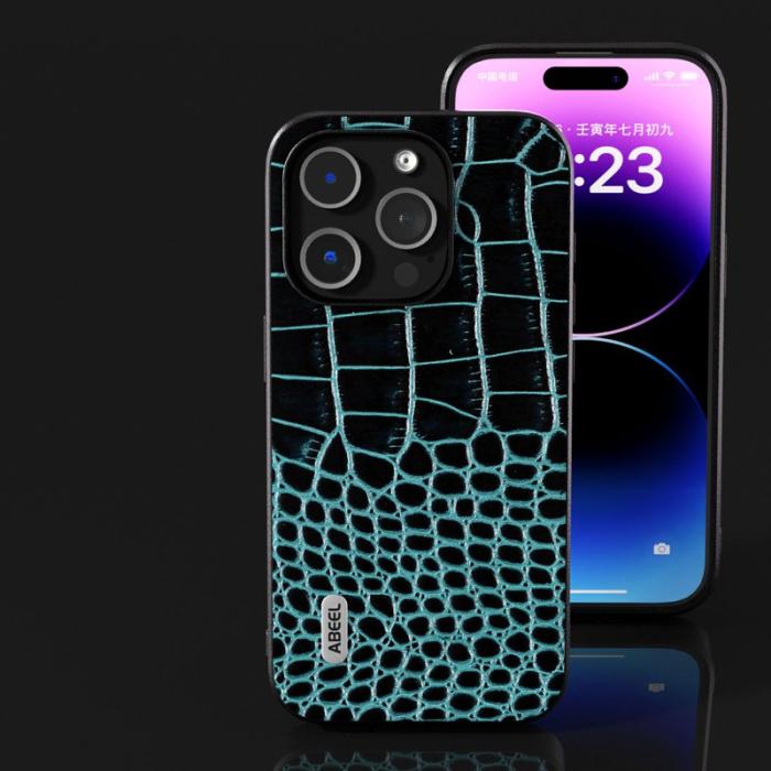 ABEEL - ABEEL iPhone 15 Pro Max Fodral Äkta Läder Krokodil Blå