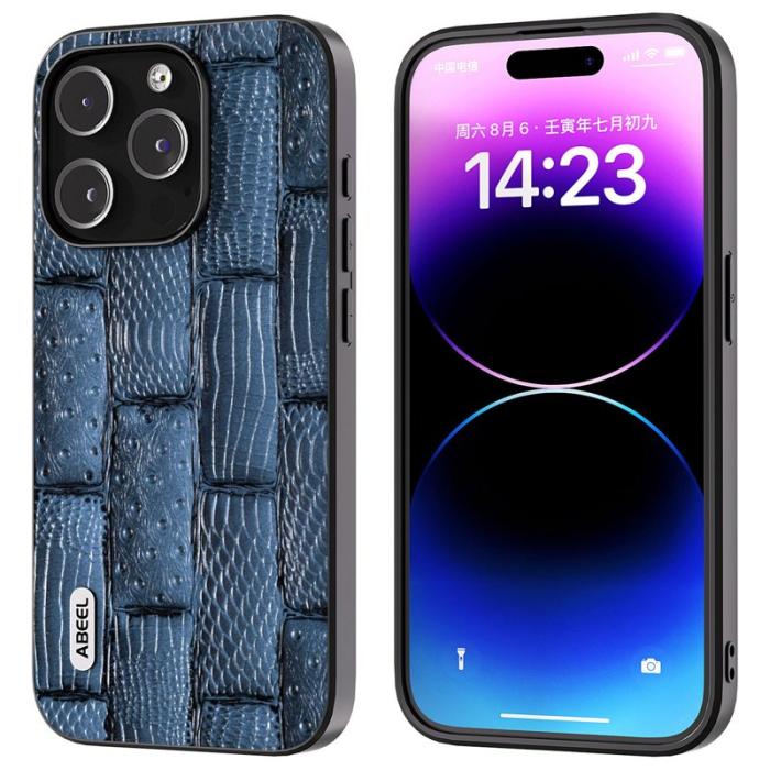 ABEEL - ABEEL iPhone 15 Pro Max Fodral Äkta Läder + PC + TPU Blå