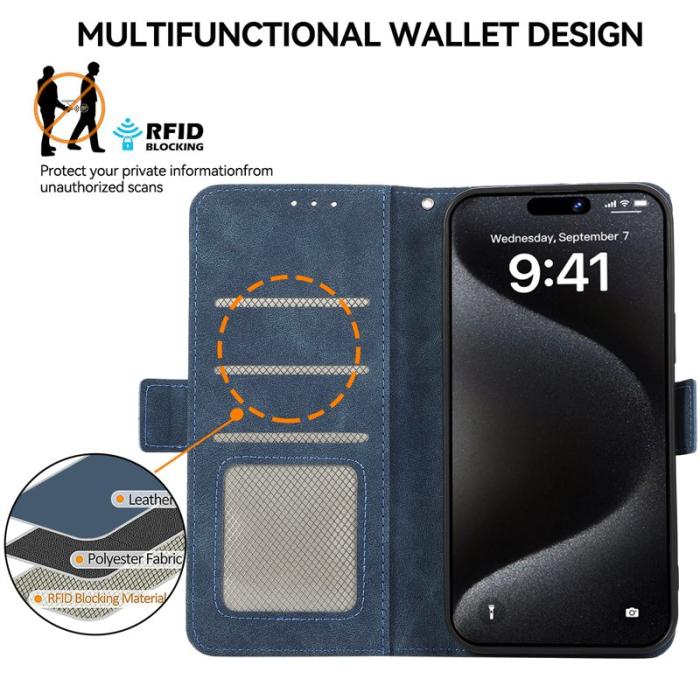 ABEEL - ABEEL iPhone 15 Pro Max Fodral PU Läder Ställ RFID Skydd - Blå