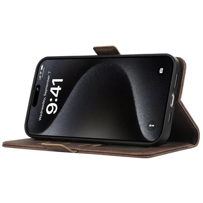 ABEEL - ABEEL iPhone 15 Pro Max Fodral PU Läder Ställ RFID Skydd - Brun