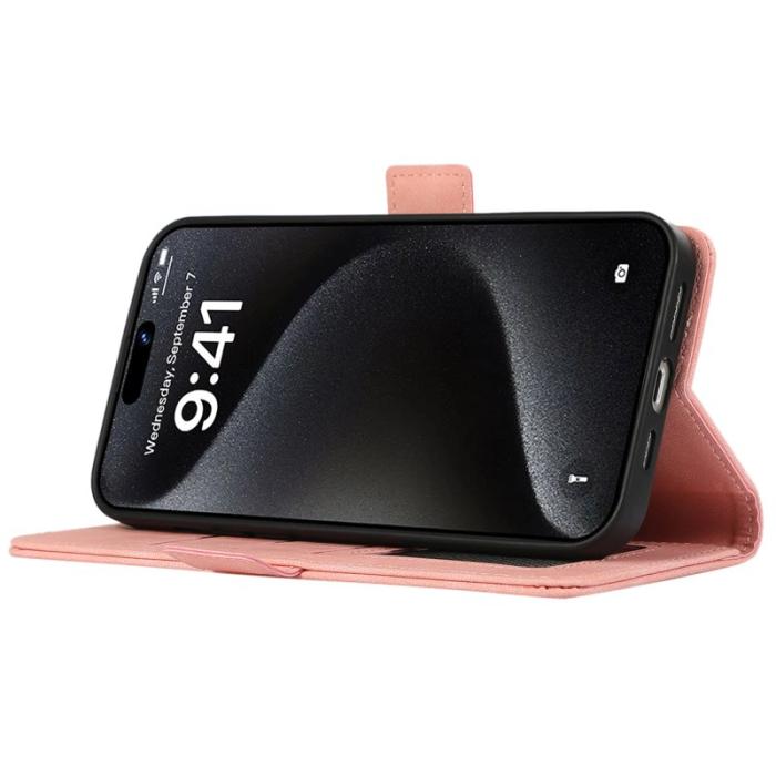 ABEEL - ABEEL iPhone 15 Pro Max Fodral PU Läder Ställ RFID Skydd - Rosa