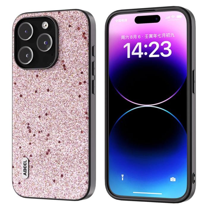 ABEEL - ABEEL iPhone 15 Pro Max Skal Glitter Drop-proof PU Läder - Rosa