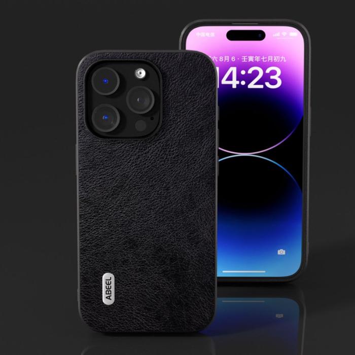 ABEEL - ABEEL iPhone 15 Pro Max Skal Litchi Textur PU Läder Svart
