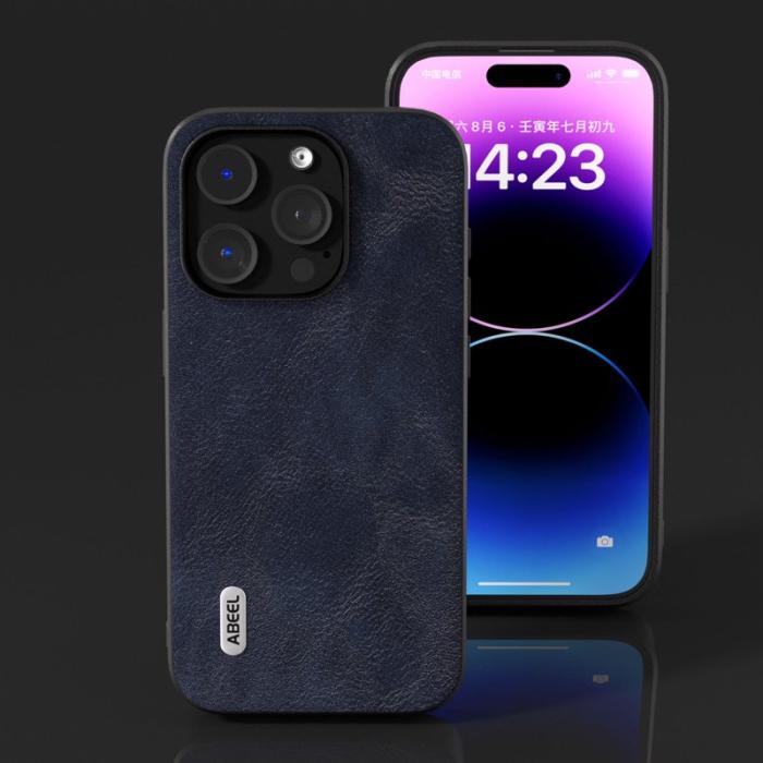 ABEEL - ABEEL iPhone 15 Pro Max Skal PU Läder Blå Cowhide Textur