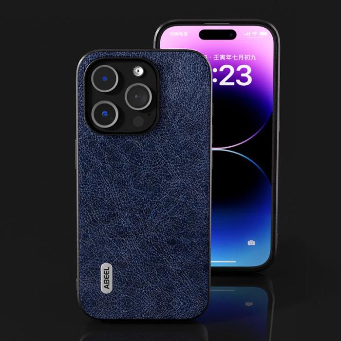 ABEEL - ABEEL iPhone 15 Pro Max Skal Retro Litchi Textur Blå