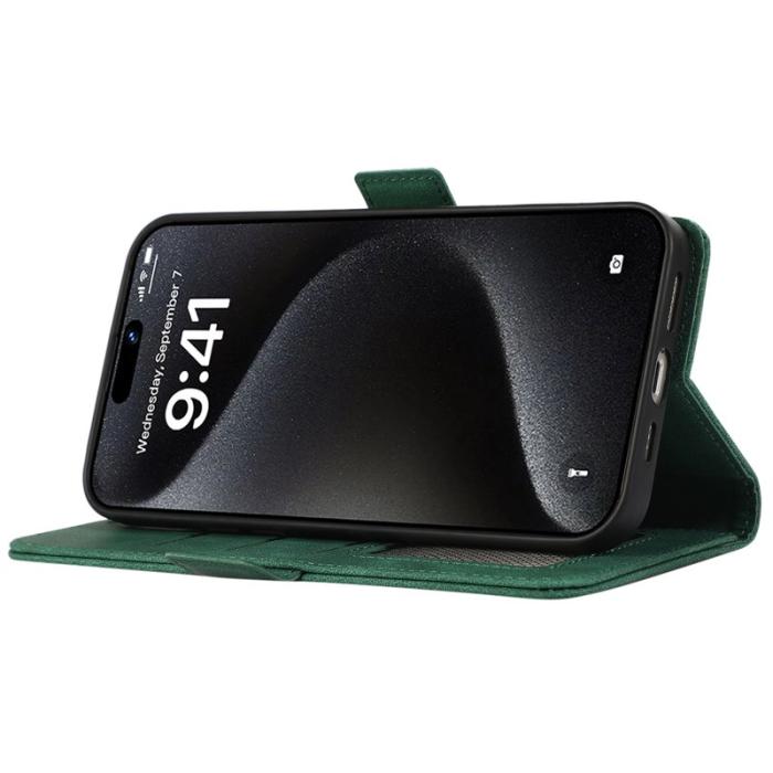 ABEEL - ABEEL iPhone 15 Pro Max Wallet Case PU Läder Ställ RFID Skydd - Grön