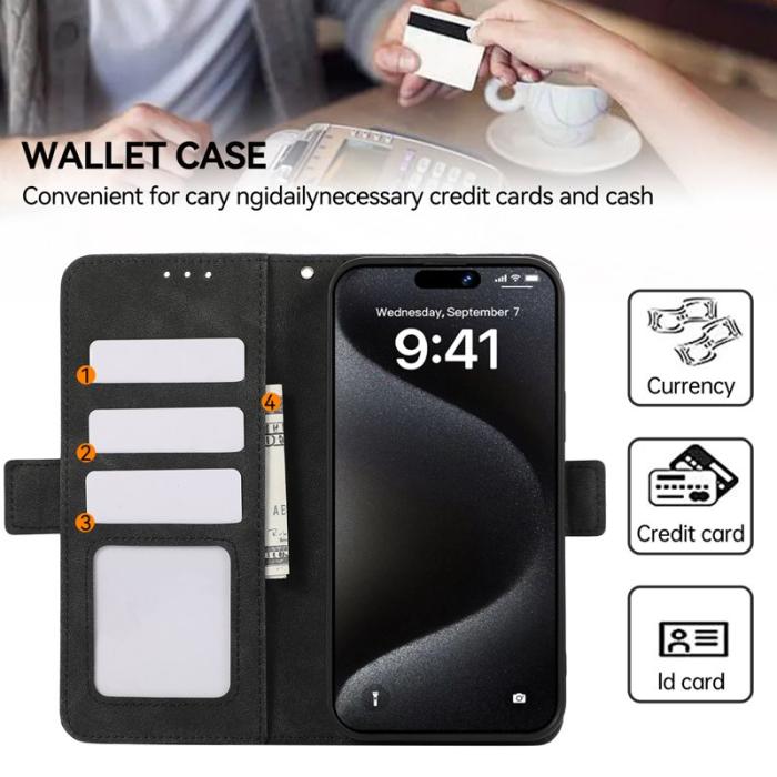 ABEEL - ABEEL iPhone 15 Pro Max Wallet Case PU Läder Ställ RFID Svart