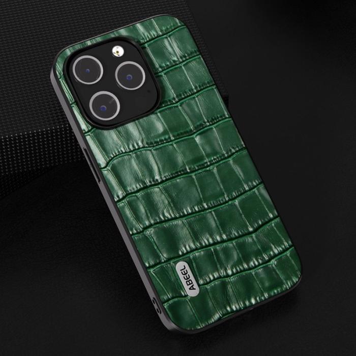 ABEEL - ABEEL iPhone 15 Pro Skal Crocodile Textur Grön Cowhide Leather