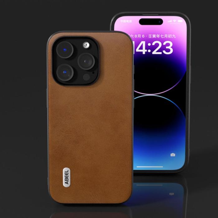 ABEEL - ABEEL iPhone 15 Pro Skal Drop Proof PU Läder Brun