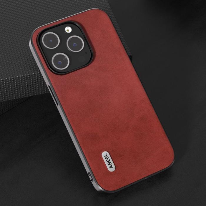 ABEEL - ABEEL iPhone 15 Pro Skal Drop Proof Röd Cowhide Textur TPU