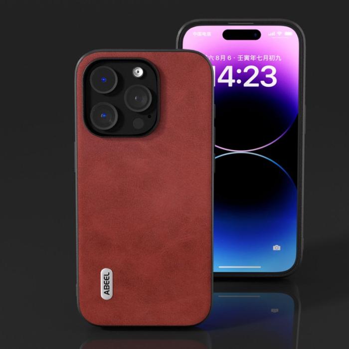 ABEEL - ABEEL iPhone 15 Pro Skal Drop Proof Röd Cowhide Textur TPU