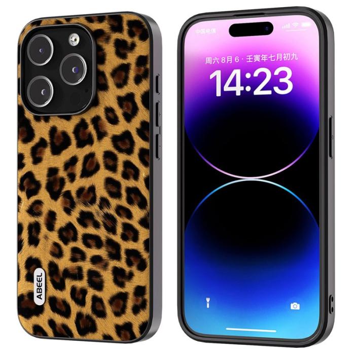ABEEL - ABEEL iPhone 15 Pro Skal Leopardmönster PU Läder + TPU + PC Guld