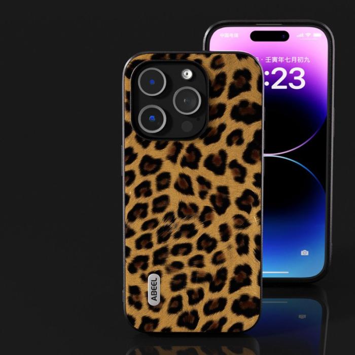 ABEEL - ABEEL iPhone 15 Pro Skal Leopardmönster PU Läder + TPU + PC Guld