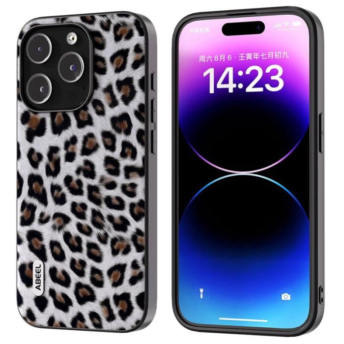 ABEEL - ABEEL iPhone 15 Pro Skal Leopardmönster PU Läder TPU PC Silver