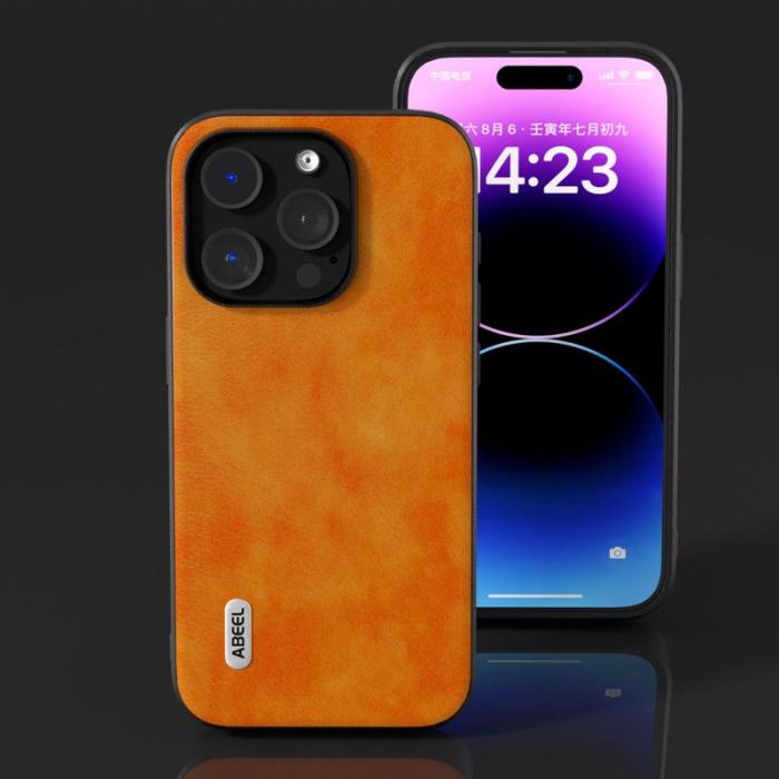 ABEEL - ABEEL iPhone 15 Pro Skal Litchi Textur PU Läder Orange